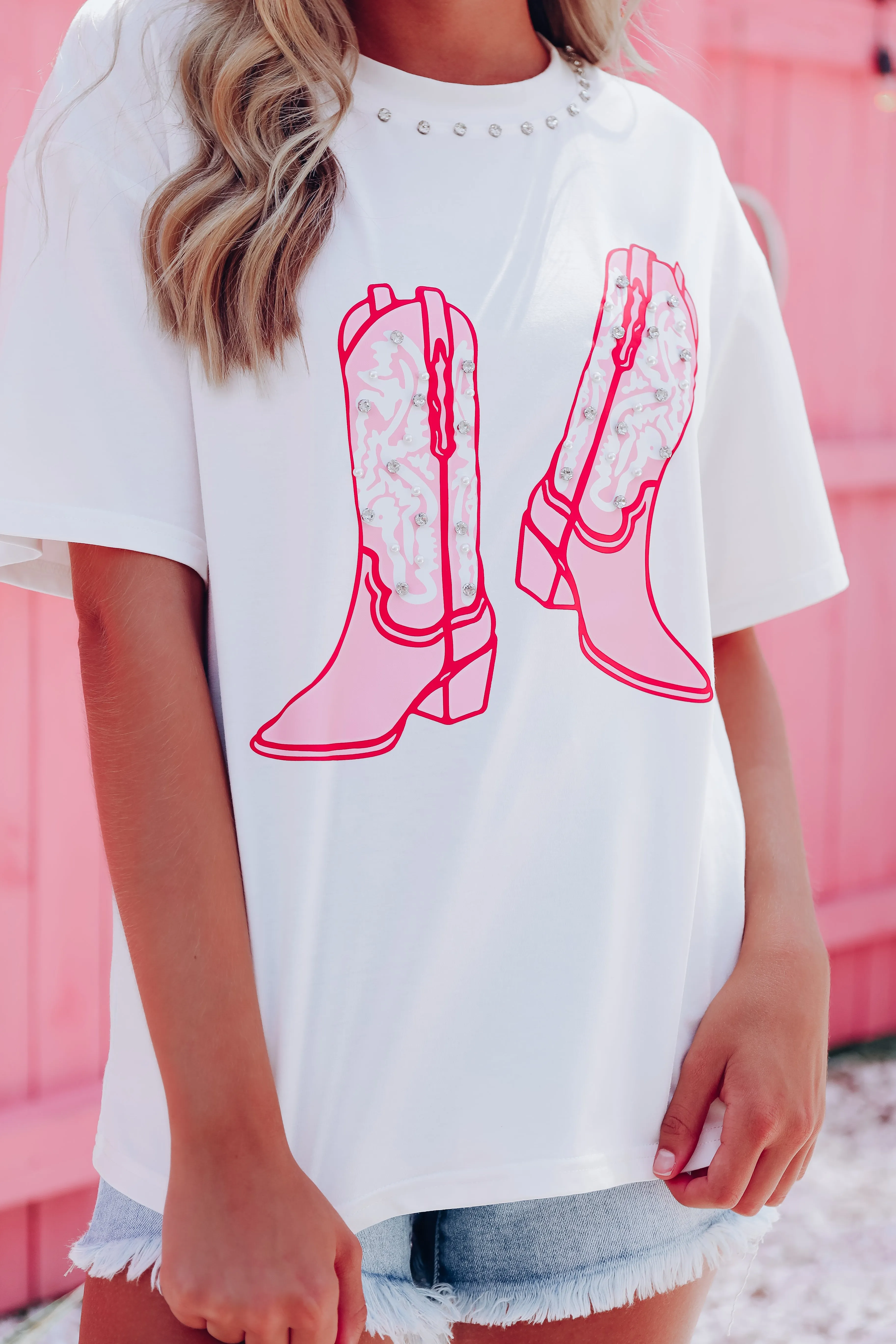 Pearls, Boots, & Bling Graphic Tee - White