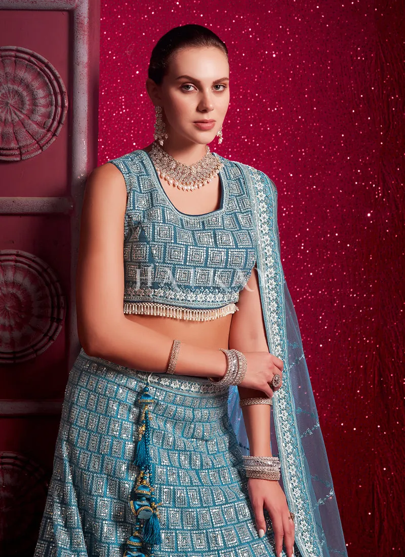 Persian Blue Embroidered Designer Lehenga Choli