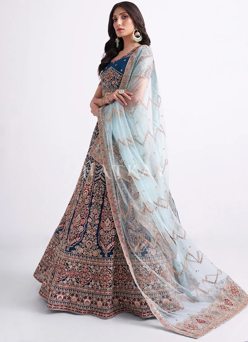 Persian Blue Heavy Embroidered Designer Wedding Lehenga Choli