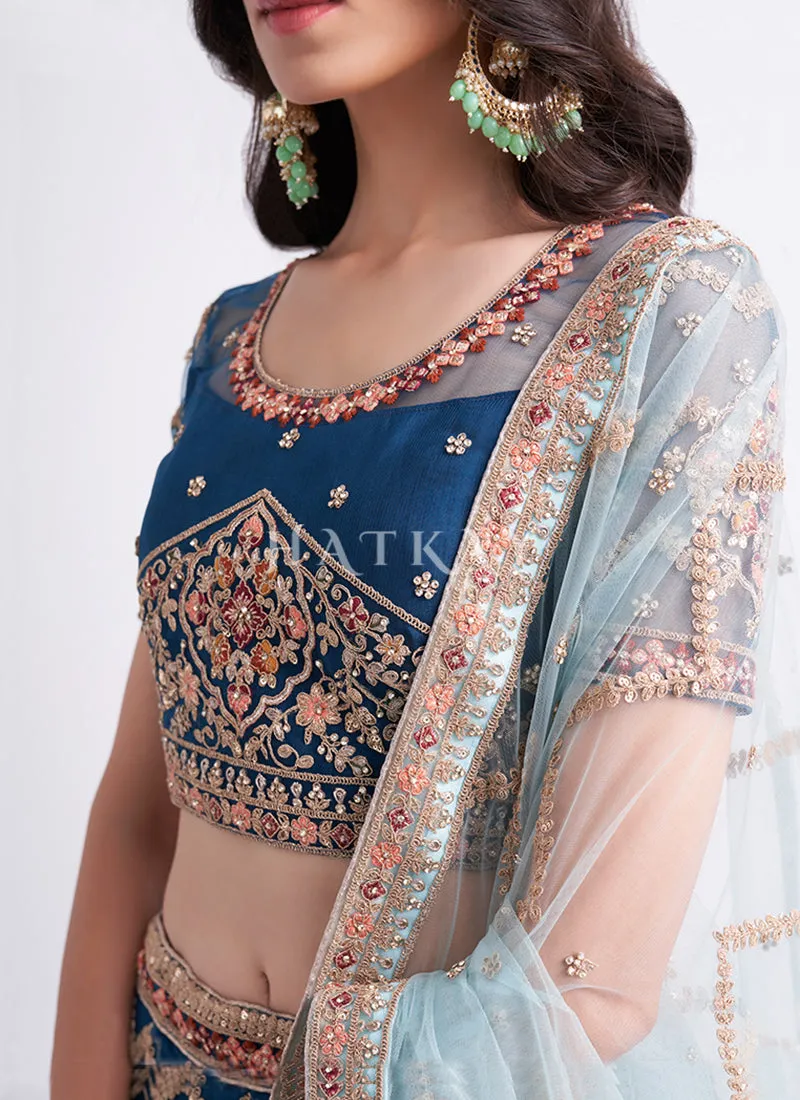 Persian Blue Heavy Embroidered Designer Wedding Lehenga Choli