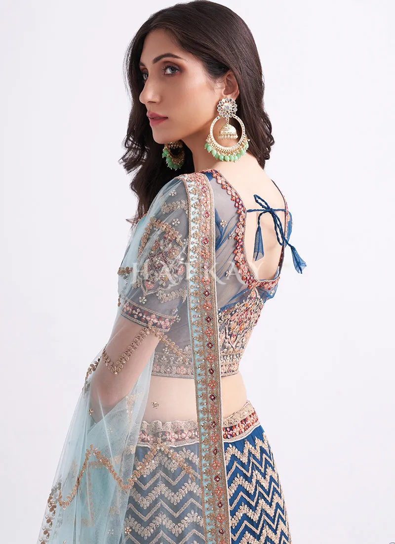 Persian Blue Heavy Embroidered Designer Wedding Lehenga Choli