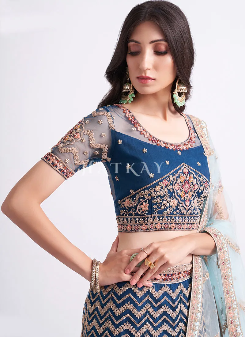 Persian Blue Heavy Embroidered Designer Wedding Lehenga Choli