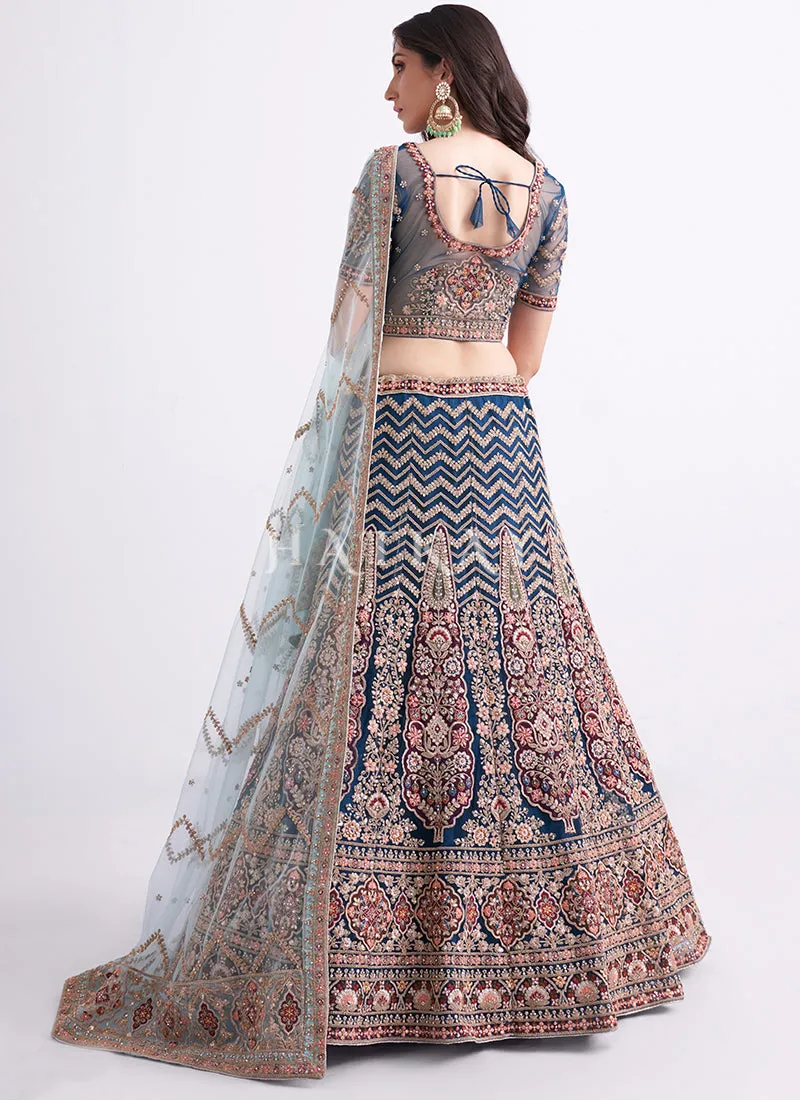 Persian Blue Heavy Embroidered Designer Wedding Lehenga Choli