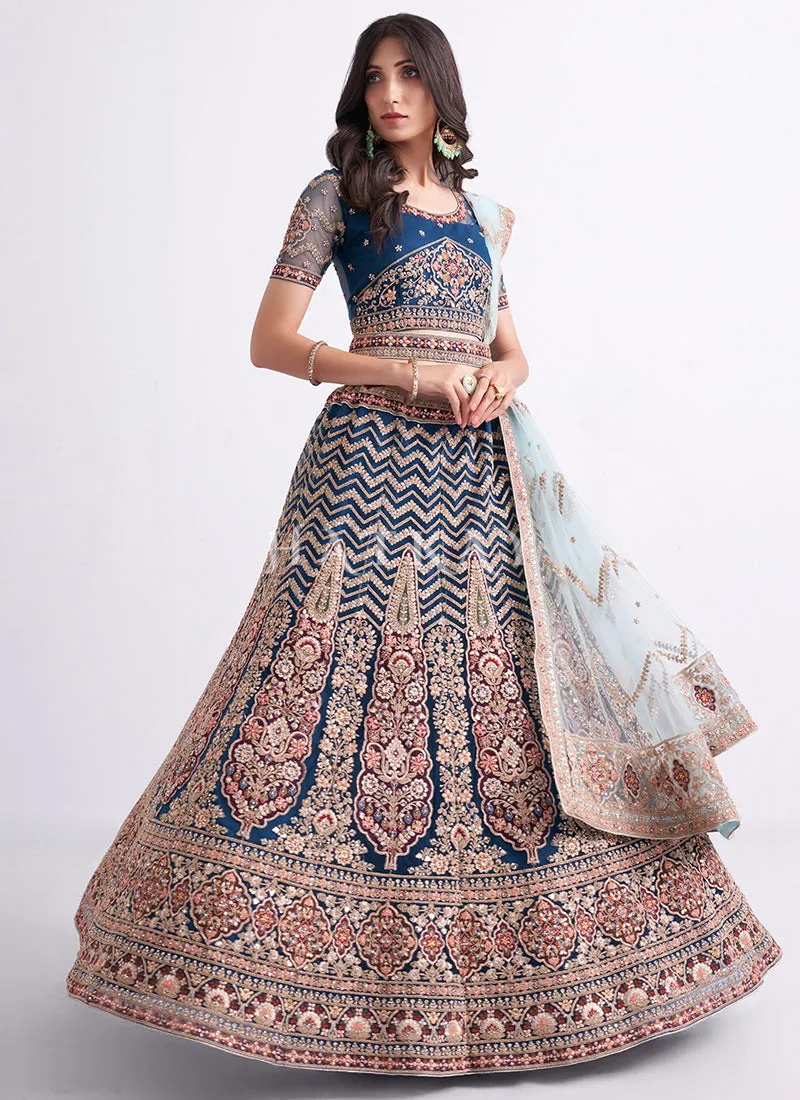 Persian Blue Heavy Embroidered Designer Wedding Lehenga Choli