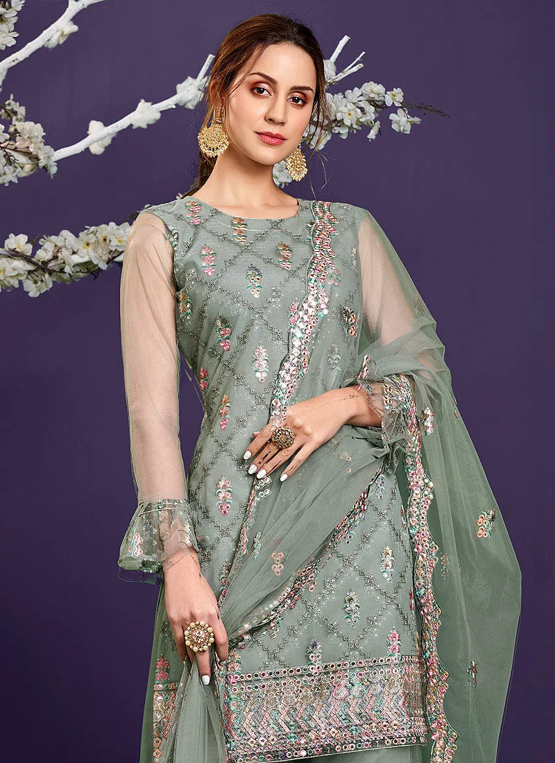Pine Green Multi Embroidered Designer Sharara Suit