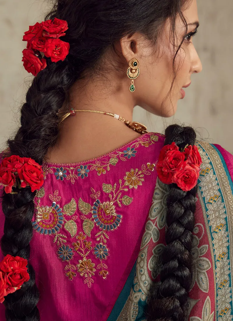 Pink And Blue Traditional Embroidery Organza Silk Saree