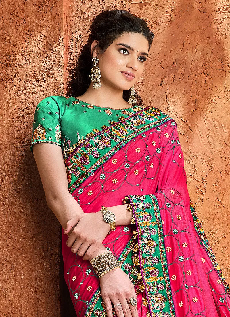 Pink And Green Multi Embroidered Designer Saree