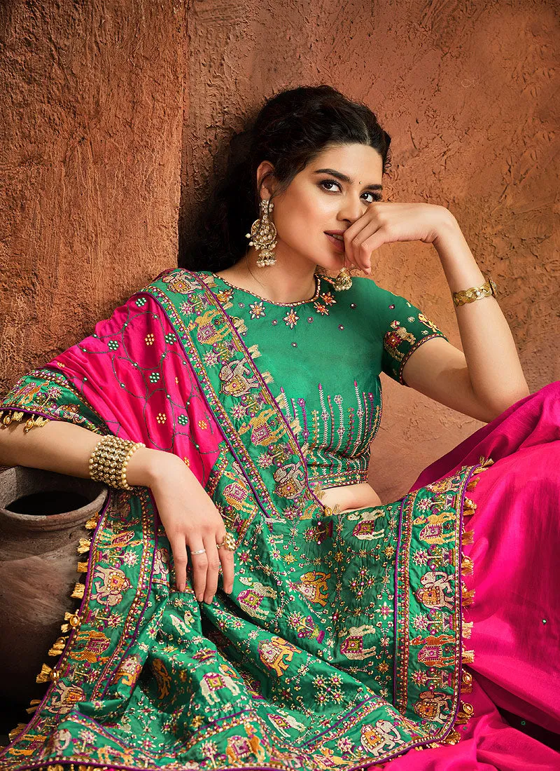 Pink And Green Multi Embroidered Designer Saree