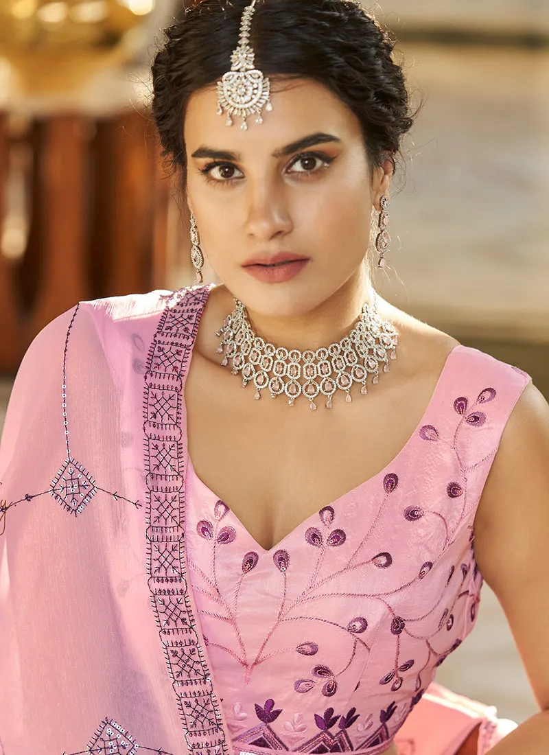 Pink And Purple Multi Embroidery Ombré Silk Lehenga Choli