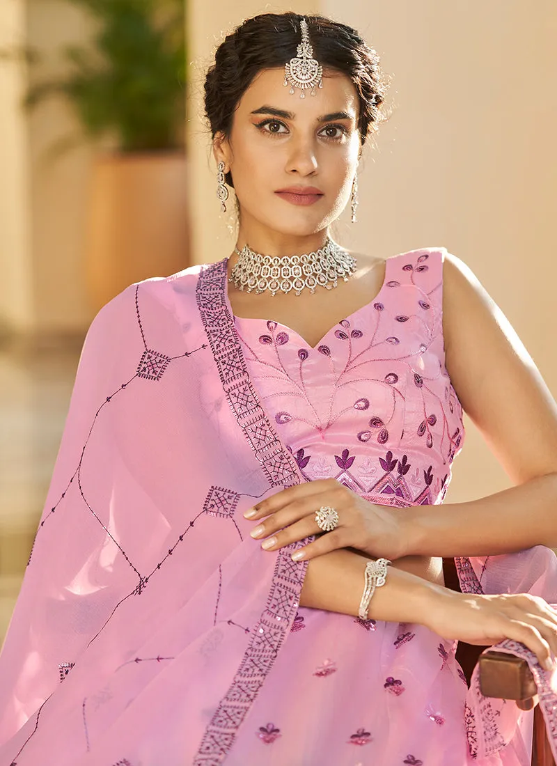Pink And Purple Multi Embroidery Ombré Silk Lehenga Choli