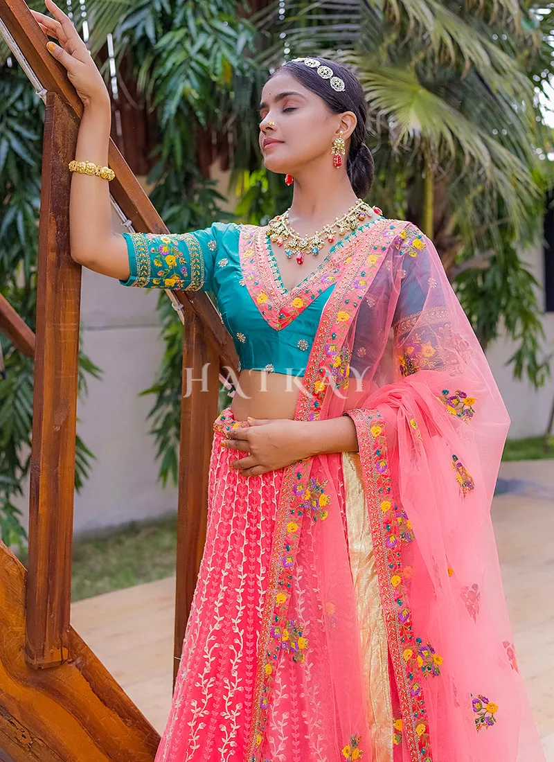 Pink And Turquoise Multi Embroidery Silk Lehenga Choli