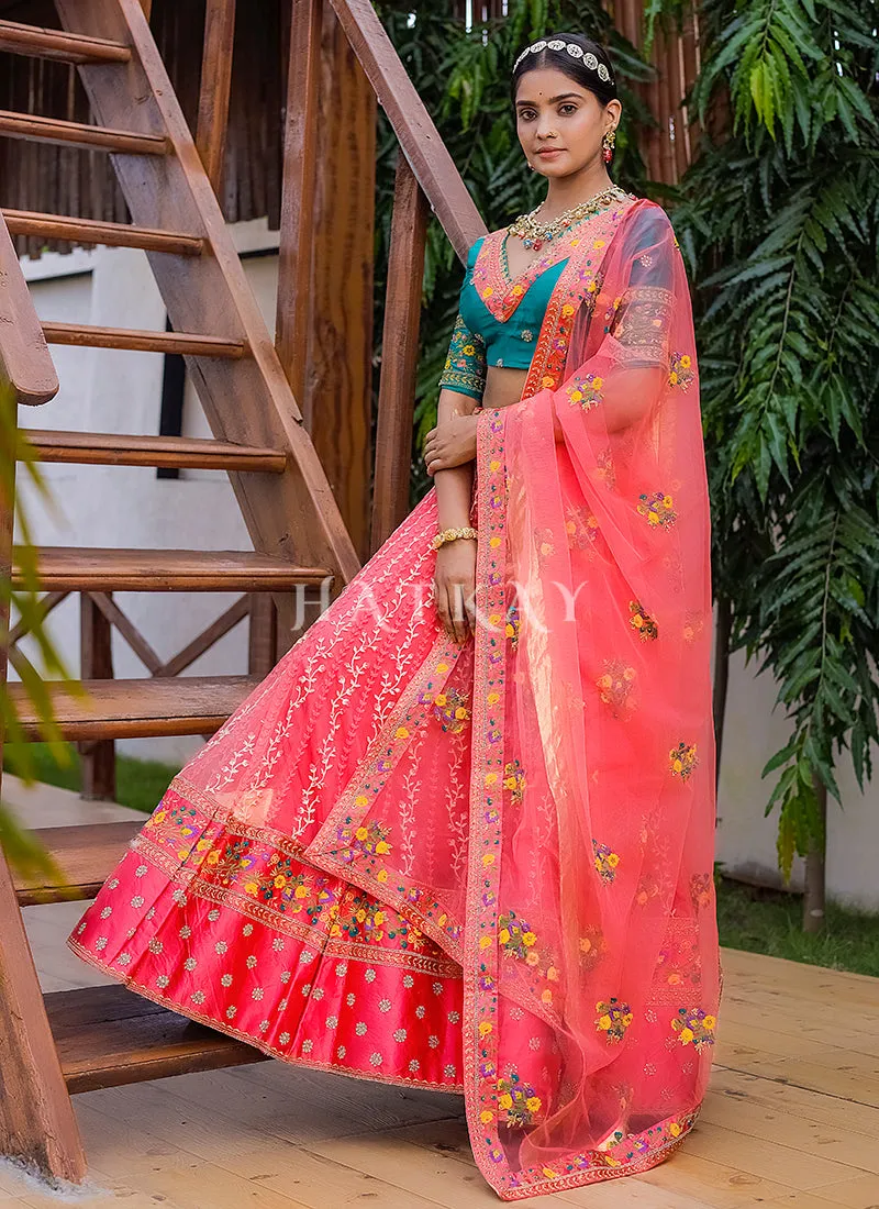 Pink And Turquoise Multi Embroidery Silk Lehenga Choli