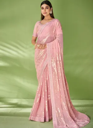 Pink Designer Georgette Embroidered Festive Saree