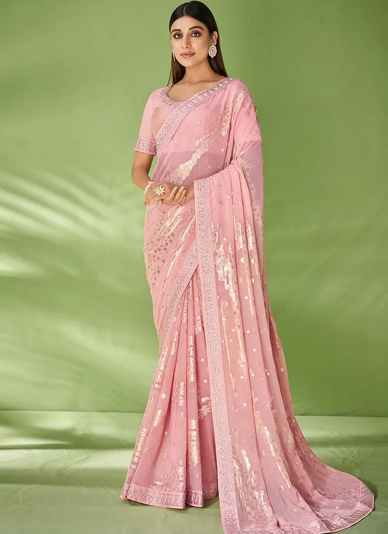 Pink Designer Georgette Embroidered Festive Saree