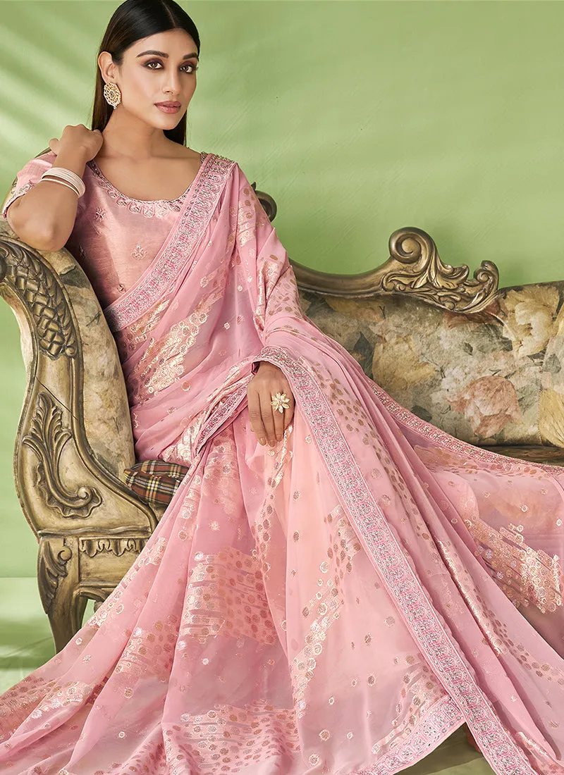 Pink Designer Georgette Embroidered Festive Saree