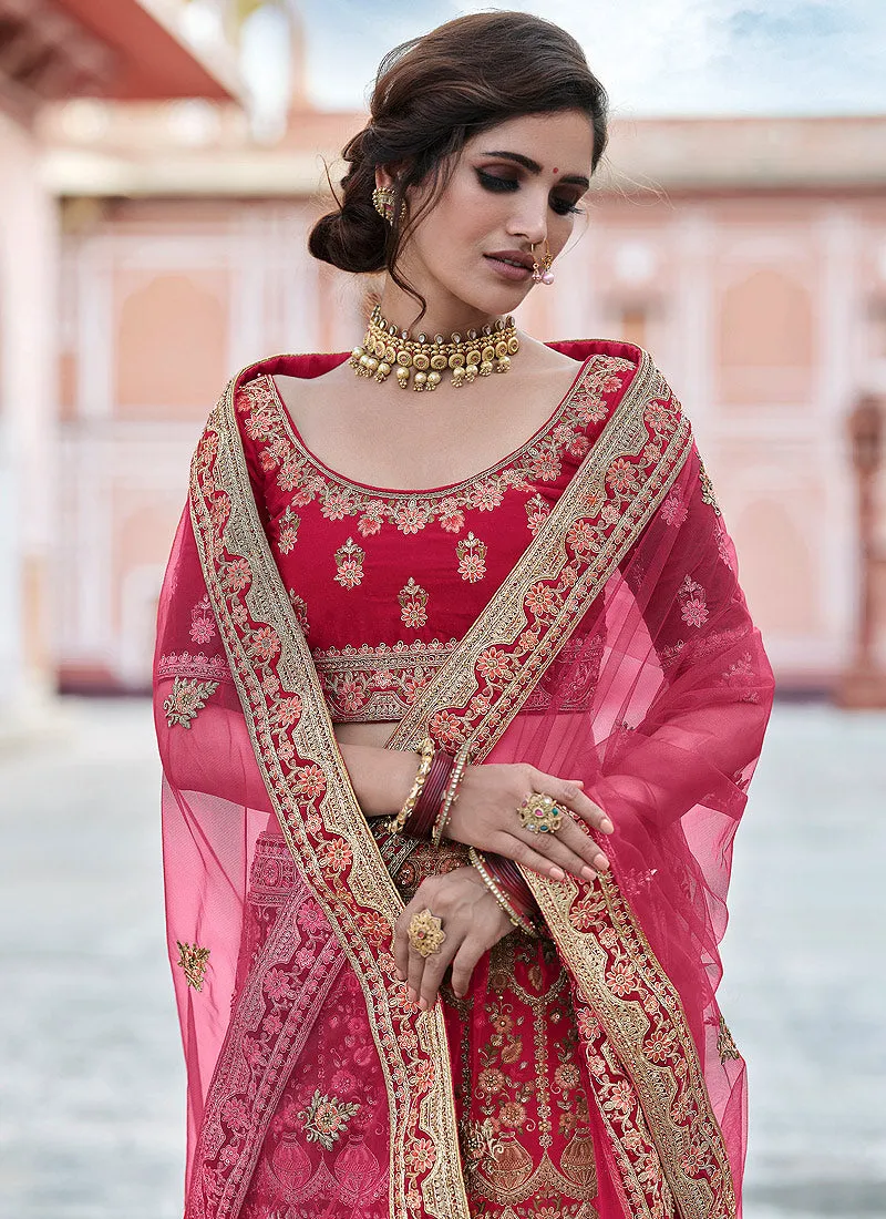 Pink Embroidered Velvet Wedding Lehenga Choli