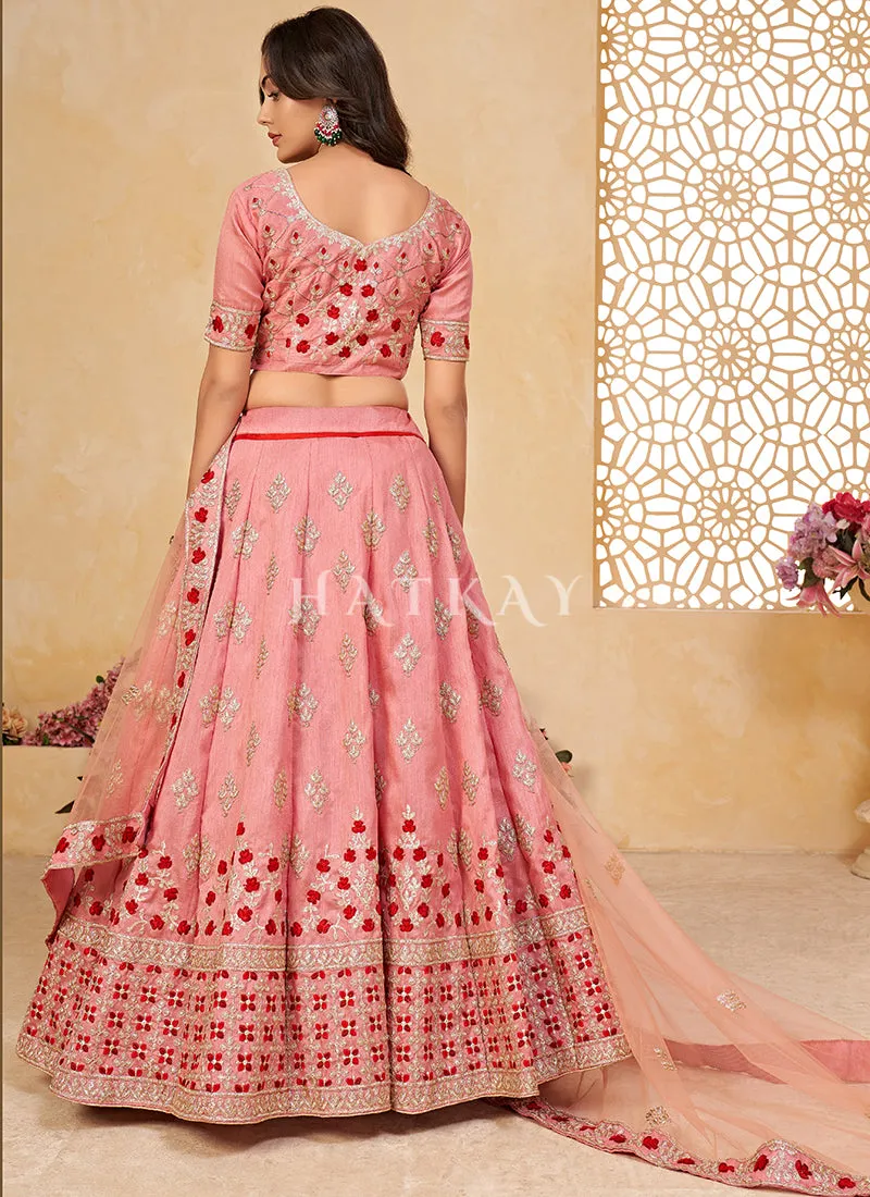 Pink Floral Embroidered Partywear Silk Lehenga Choli