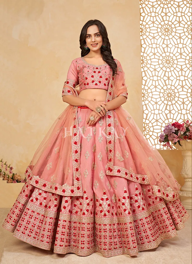 Pink Floral Embroidered Partywear Silk Lehenga Choli