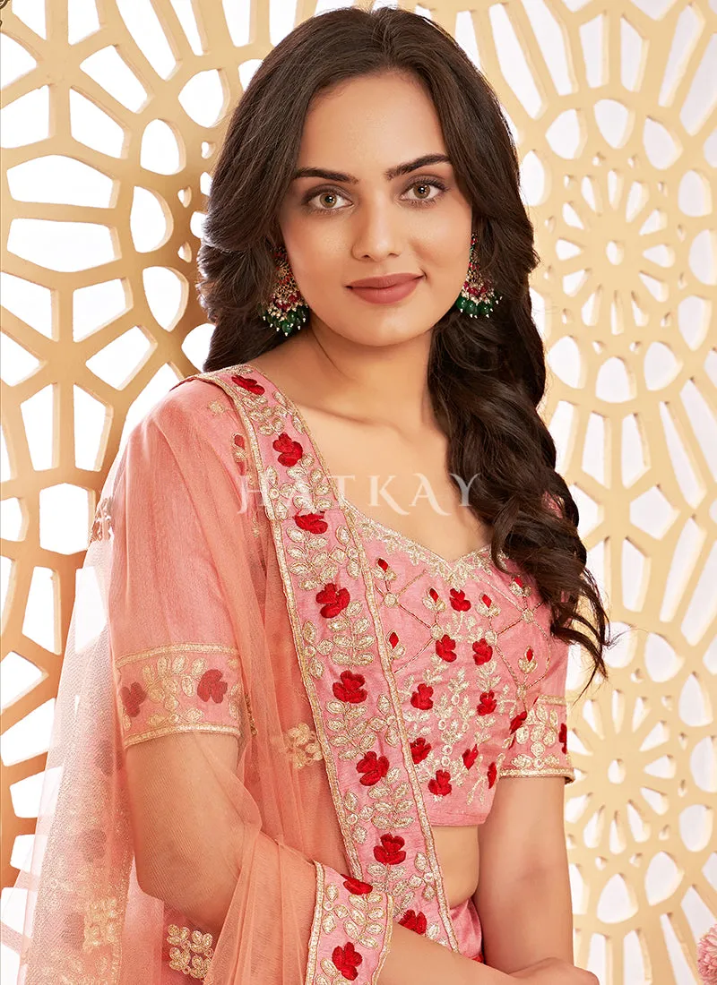 Pink Floral Embroidered Partywear Silk Lehenga Choli