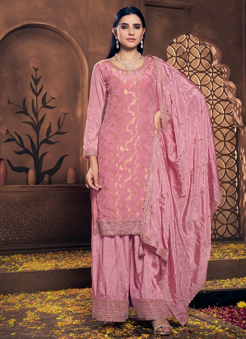 Pink Golden Embroidery Festive Palazzo Suit