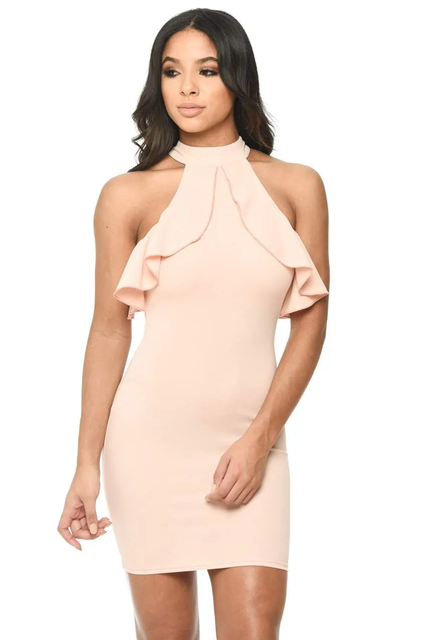 Pink High Neck Cold Shoulder Bodycon Dress With Frilled Detail