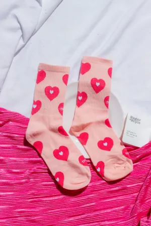 Pink Love Heart Print Socks