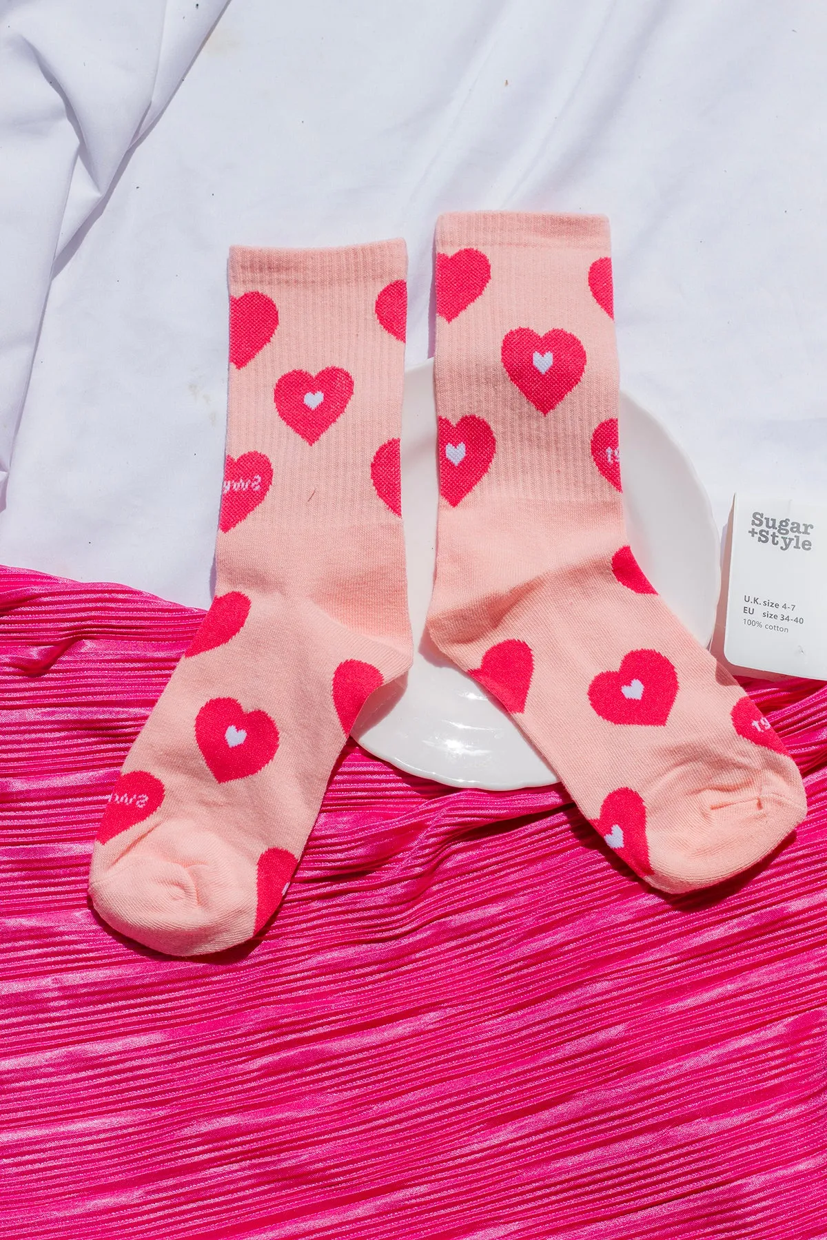 Pink Love Heart Print Socks