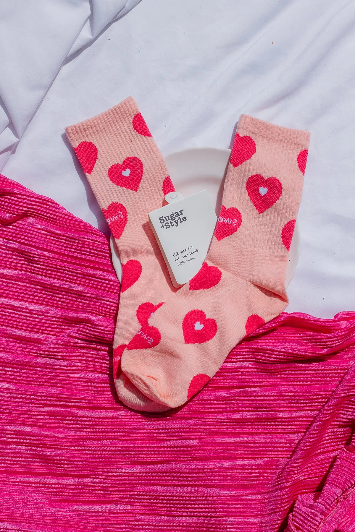 Pink Love Heart Print Socks