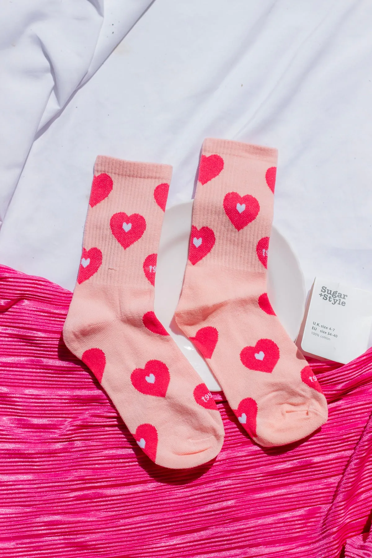 Pink Love Heart Print Socks