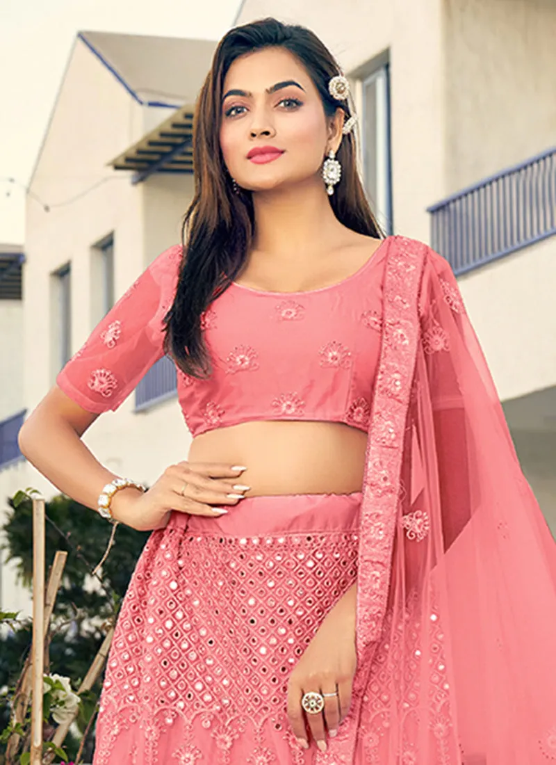Pink Mirror Work Embroidery Designer Lehenga Choli