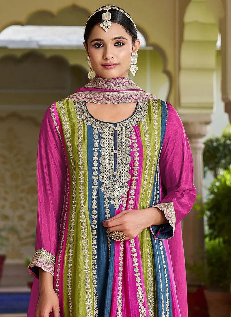 Pink Multi Embroidery Designer Anarkali Dhoti Pant Suit