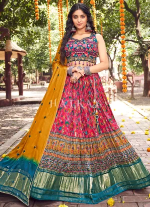 Pink Multi Mirror Work Embroidery Satin Lehenga Choli