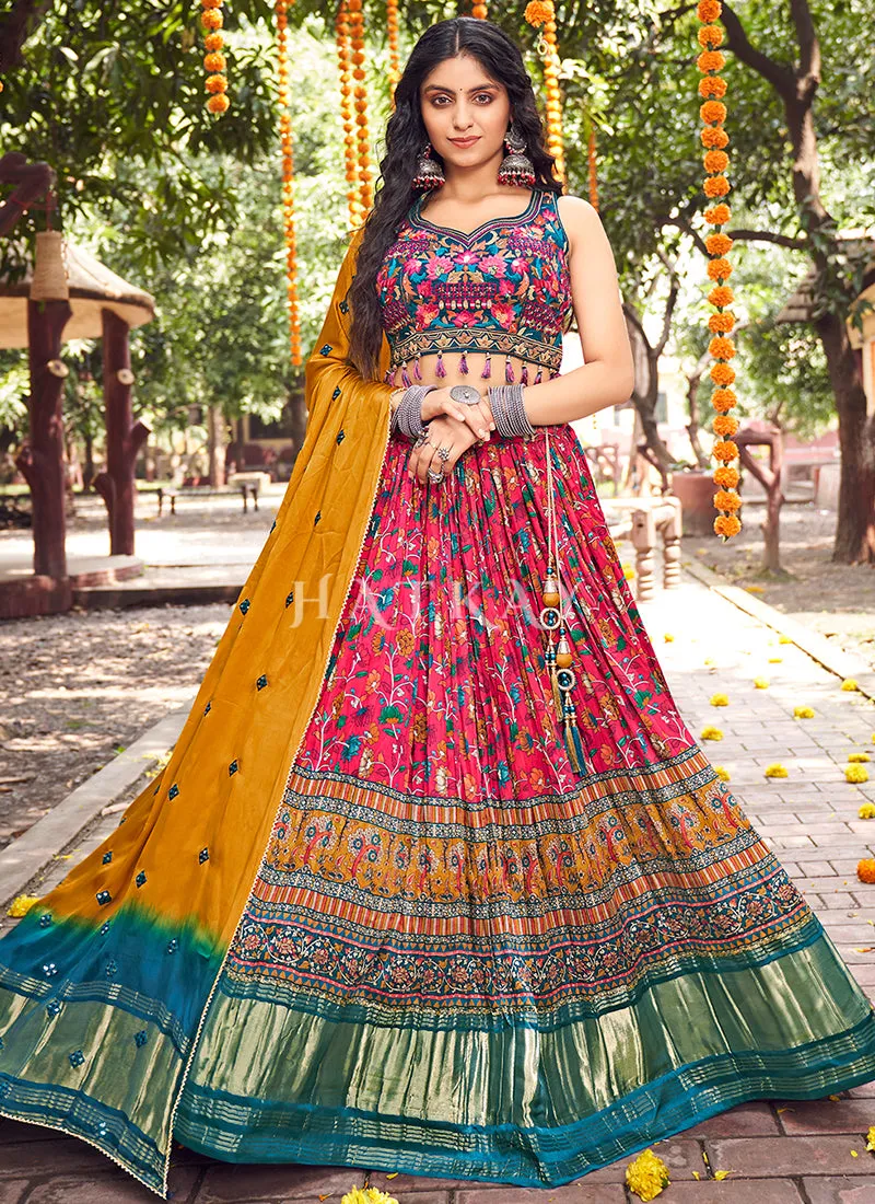 Pink Multi Mirror Work Embroidery Satin Lehenga Choli