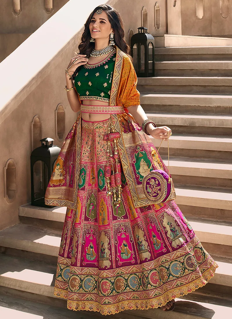 Pink Multicoloured Embroidery Wedding Lehenga Choli With Belt