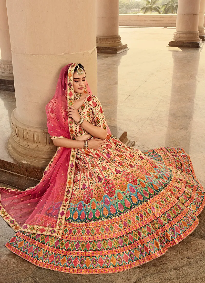 Pink Multicoloured Traditional Embroidered Lehenga Choli