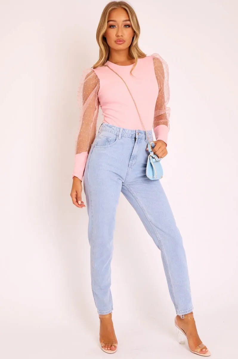 Pink Organza Swiss Dot Sleeve Ribbed Bodysuit - Tamie