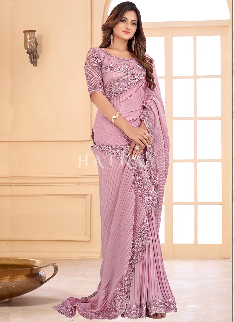 Pink Sequence Embroidered Crush Wedding Saree