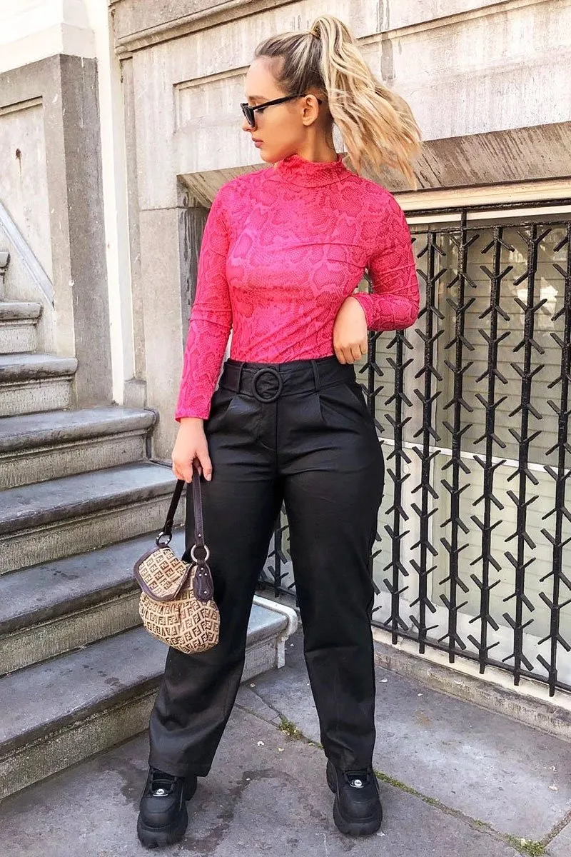 Pink Snake Print High Neck Long Sleeve Bodysuit - Evanna