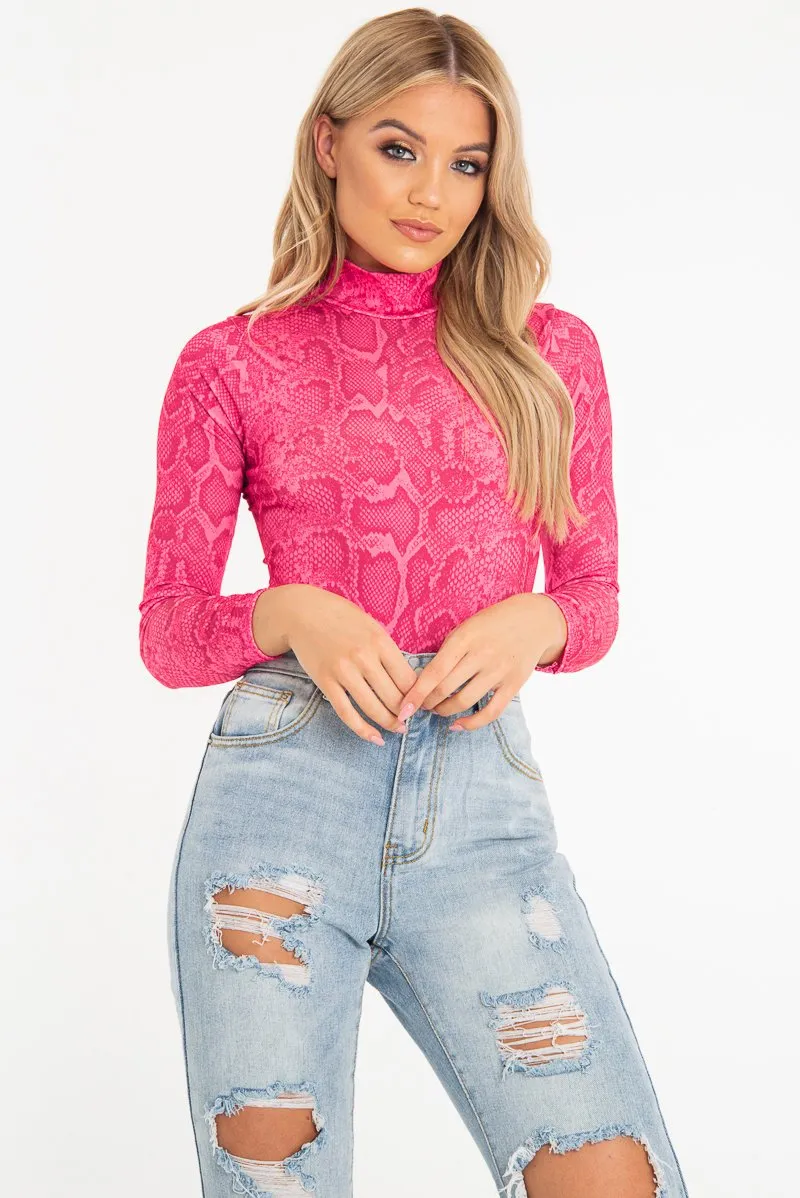 Pink Snake Print High Neck Long Sleeve Bodysuit - Evanna