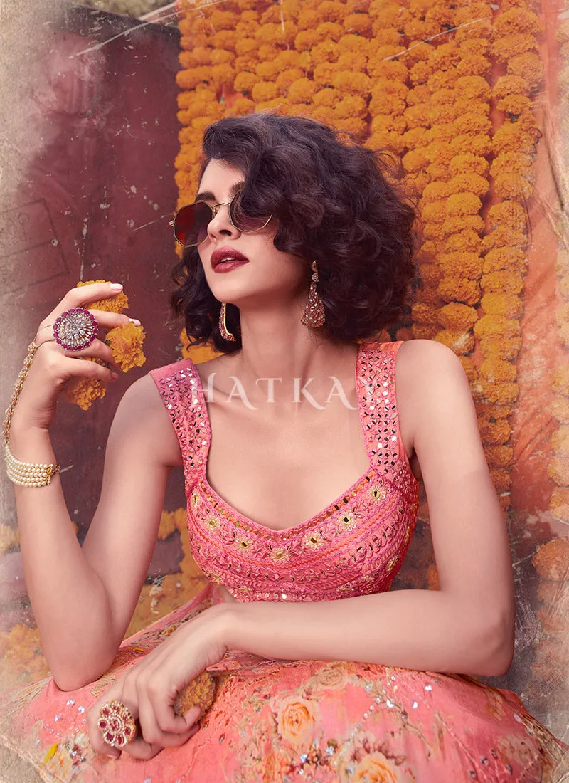 Pinkish Peach Digital Printed Designer Chinon Lehenga Choli