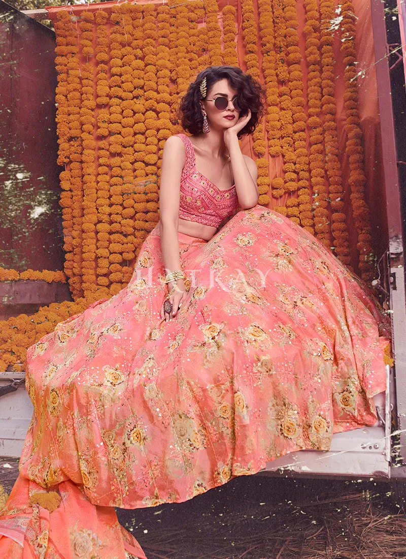 Pinkish Peach Digital Printed Designer Chinon Lehenga Choli