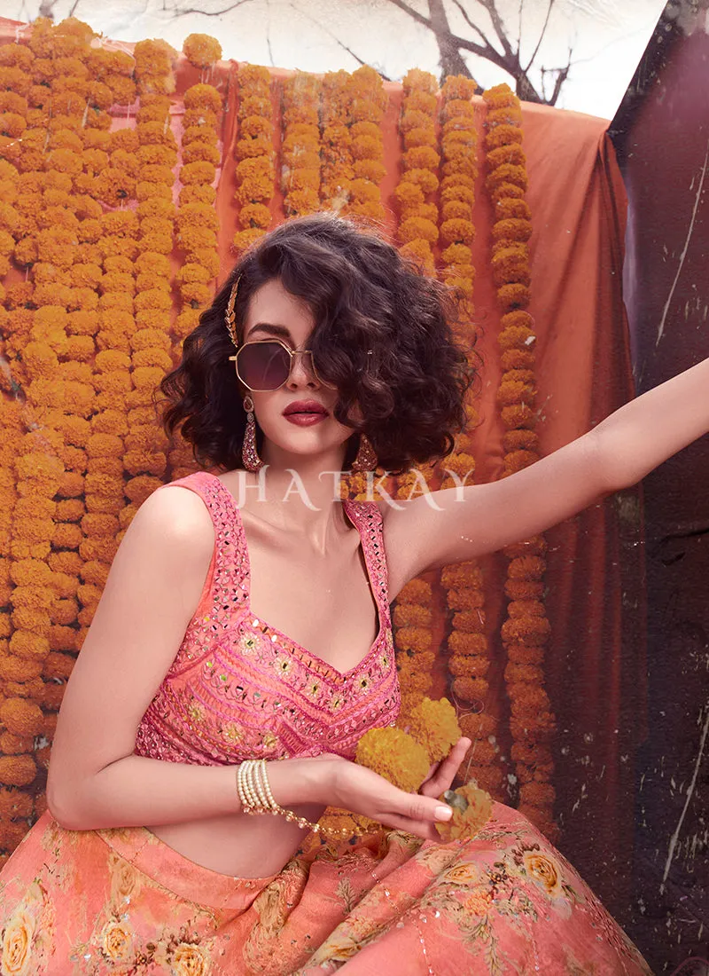 Pinkish Peach Digital Printed Designer Chinon Lehenga Choli