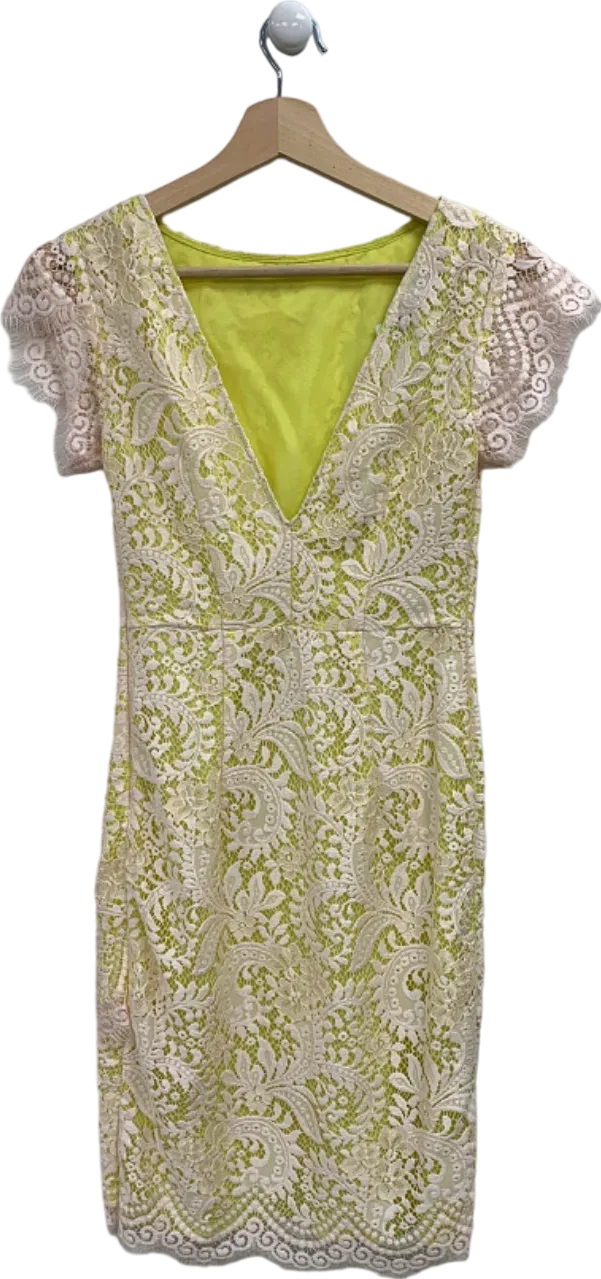 Pinko Yellow Lace V-Neck Dress UK 8