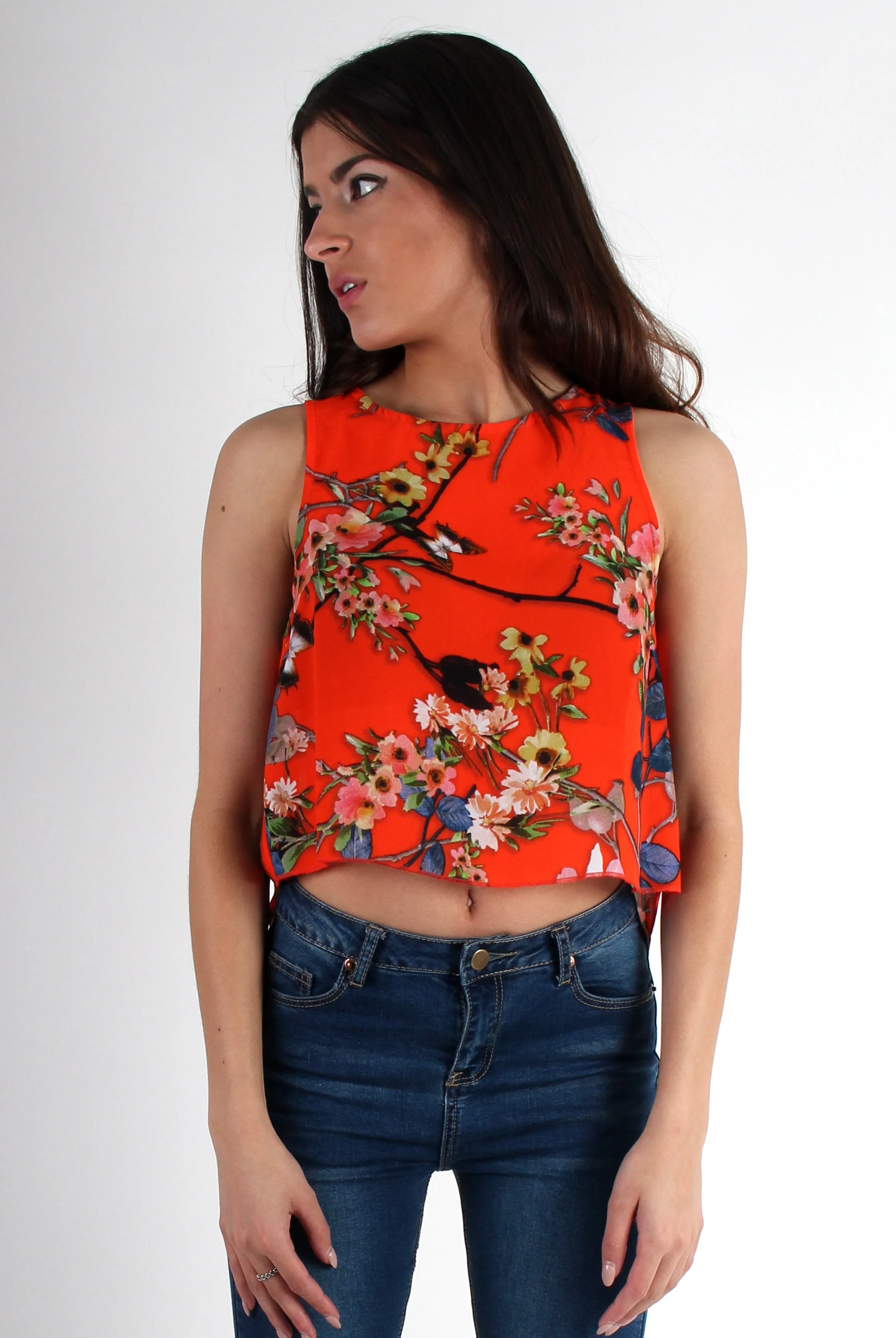 Piper Orange Floral Split Back Crop