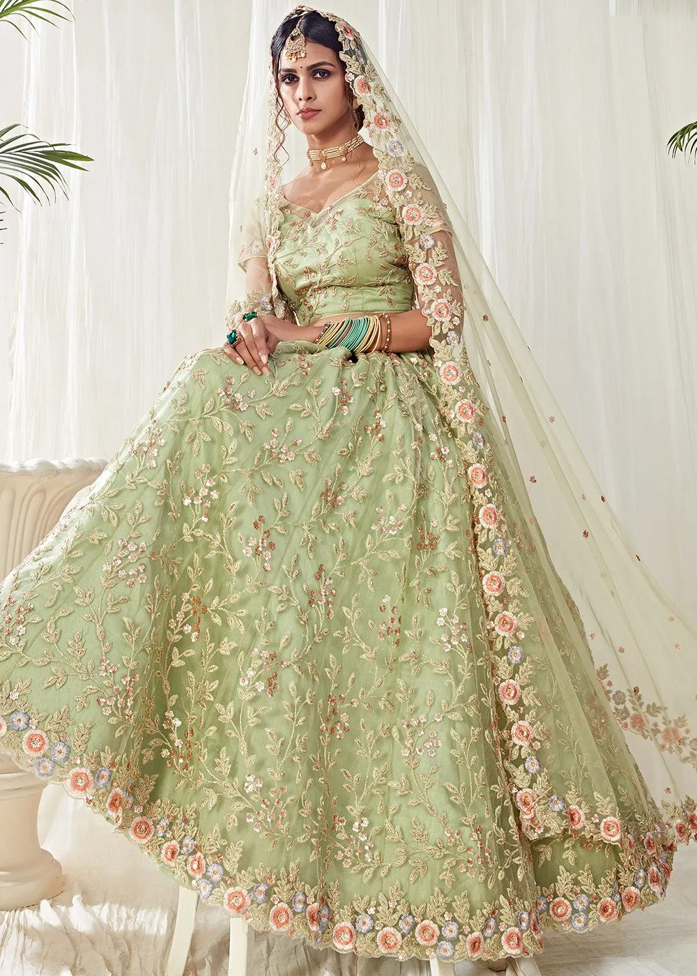 Pista Green Floral Embroidered Designer Lehenga Choli