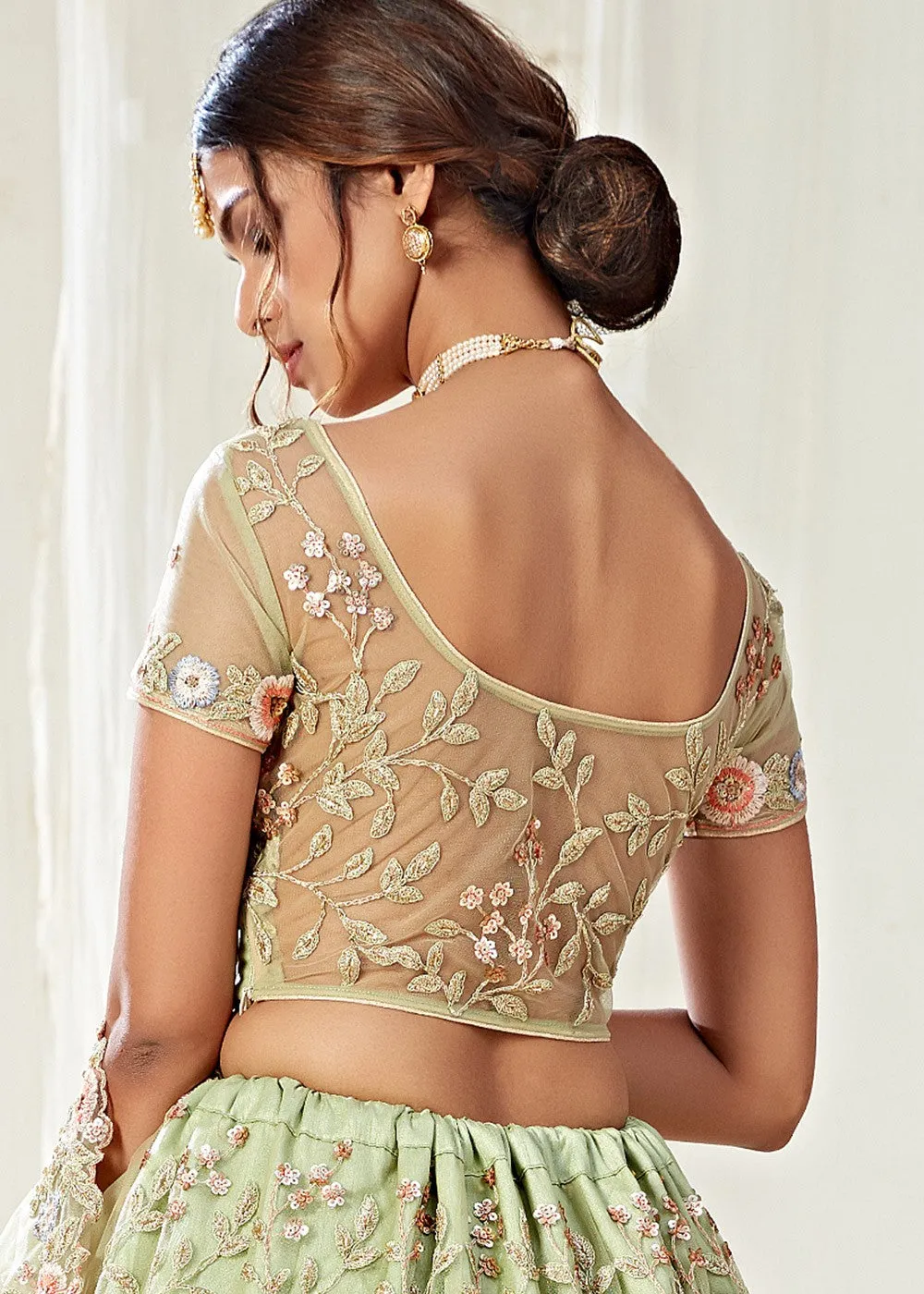 Pista Green Floral Embroidered Designer Lehenga Choli