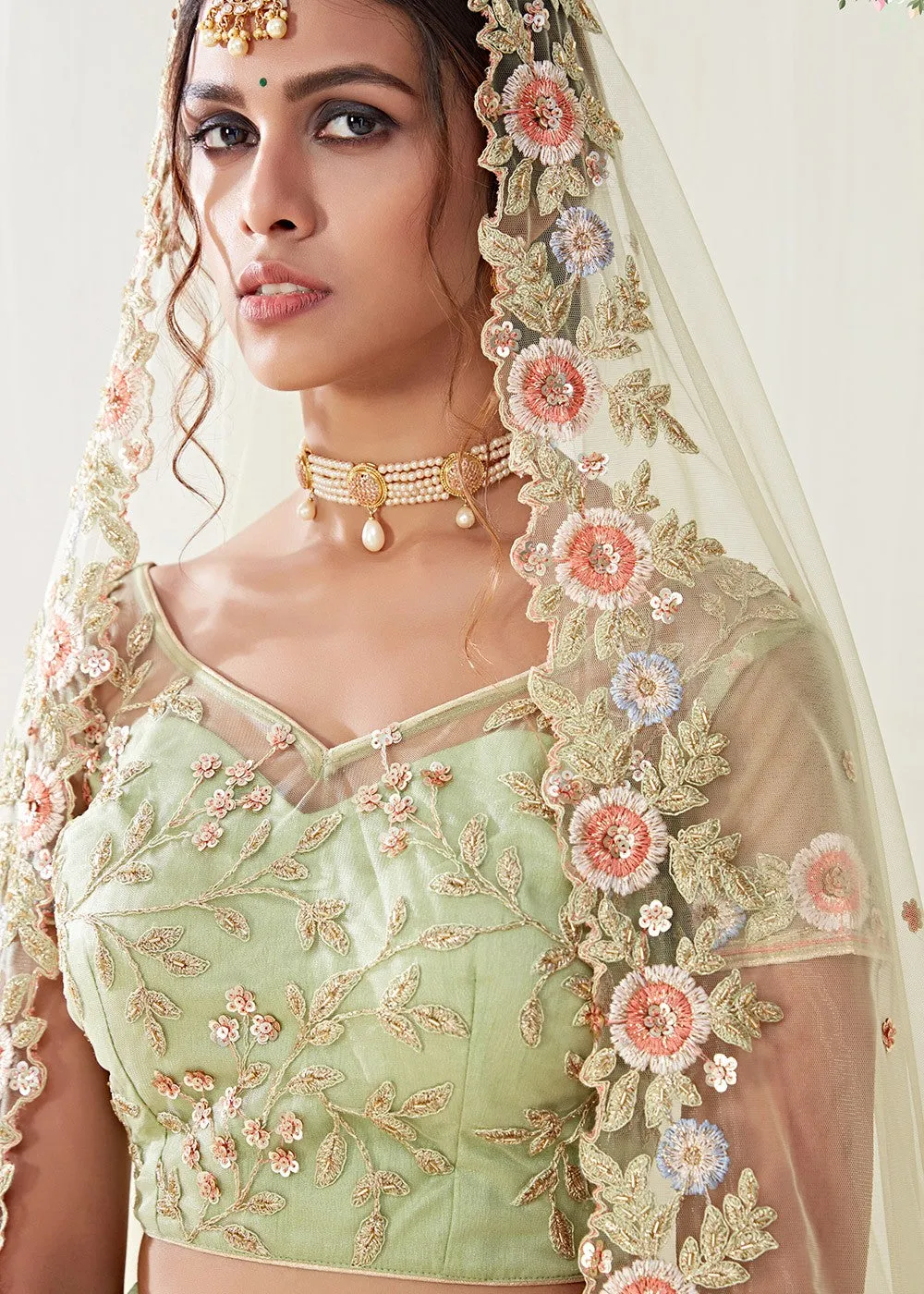 Pista Green Floral Embroidered Designer Lehenga Choli
