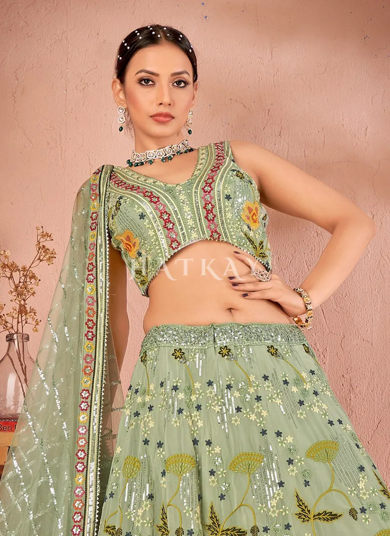 Pista Green Floral Embroidered Lehenga Choli