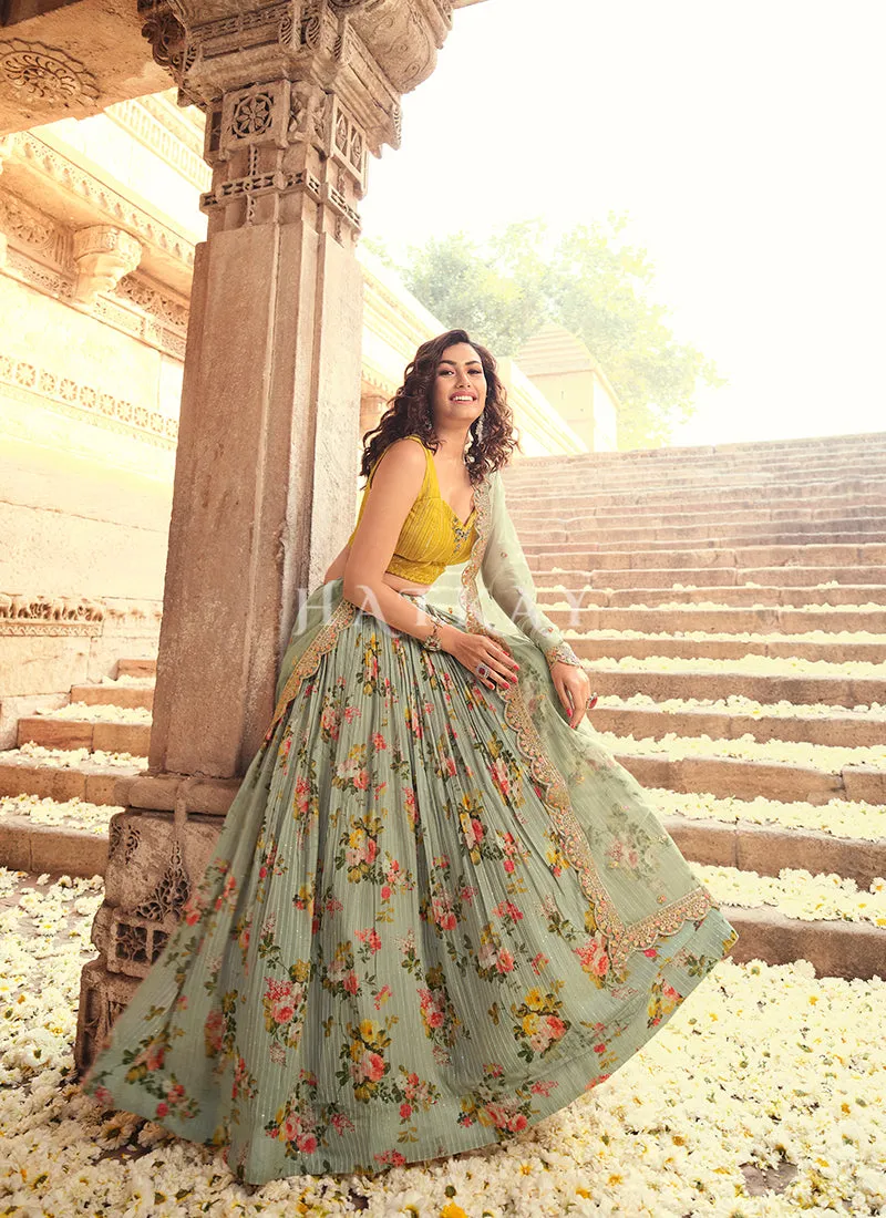 Pista Green Floral Sequence Embroidered Lehenga Choli