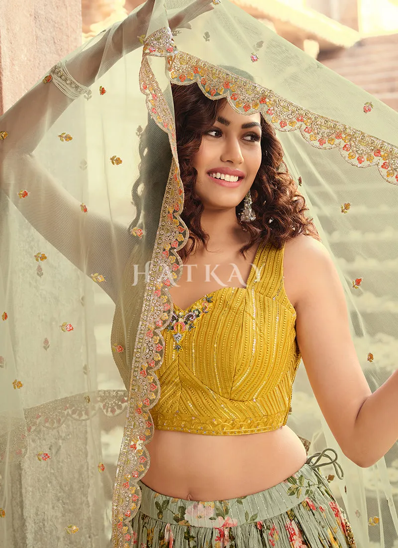 Pista Green Floral Sequence Embroidered Lehenga Choli